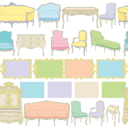rococo furniture pattern, colored doodles on whiteのイラスト素材