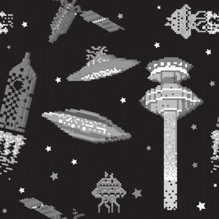 pixel art style pattern, space ships and satellite on a black backroundのイラスト素材
