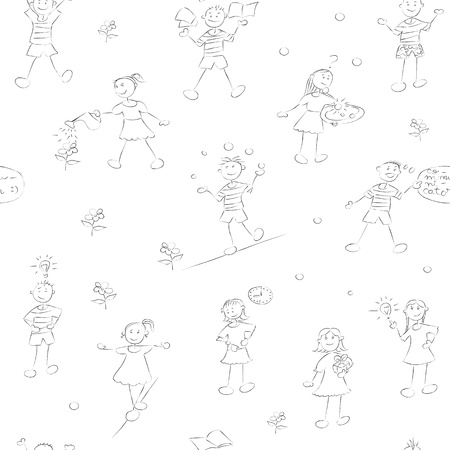 hand drawn school kids pattern with boys and girls doodles over whiteのイラスト素材