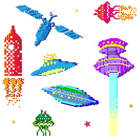 space ships and satellite collection, pixel art style elements isolated on whiteのイラスト素材