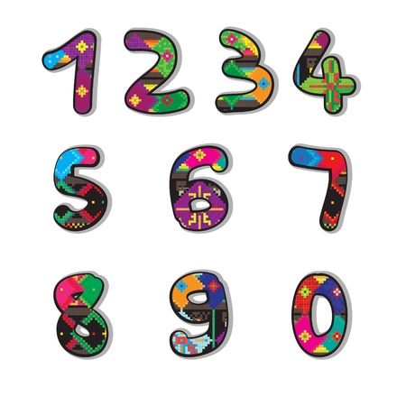 Ethno decorated original font, pixel art abstract model over funny fat figures isolated on whiteのイラスト素材