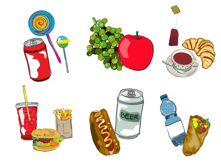 Fast food, drinks and fruits icon set, isolated and grouped objects over white background  Hand drawn sketch のイラスト素材