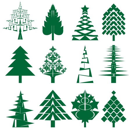A series of 12 abstract Christmas trees isolated on white, Holiday collectionのイラスト素材