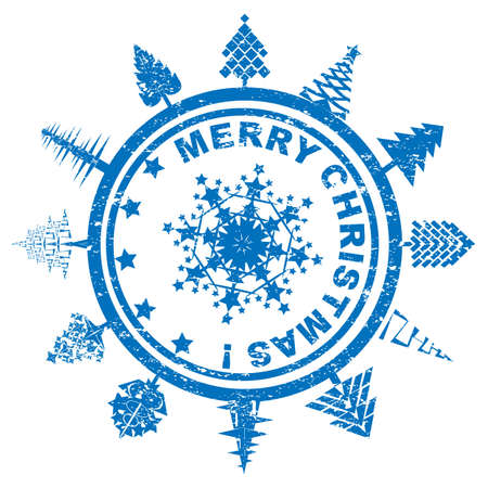 Blue rounded geometric Christmas stamp with pines and snowflake over whiteのイラスト素材
