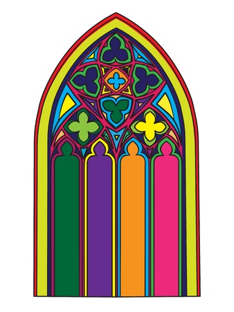 Hand drawn illustration of a gothic window with stained glass over whiteのイラスト素材