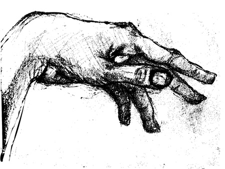 Black and white charcoal sketch of a hand, gesture drawing study over whiteのイラスト素材