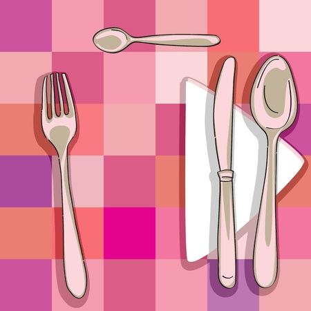 hand drawn illustration of a cutlery series over a kitchen pattern with squaresのイラスト素材