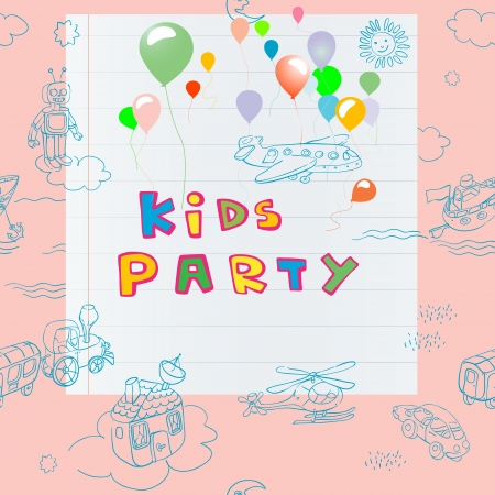 kids party invitation hand drawn card including a pattern with toys, doodles and scrapbook page over a pink backgroundのイラスト素材