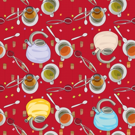 Four tiles pattern with tea accessories, hand drawn objects over deep red backgroundのイラスト素材
