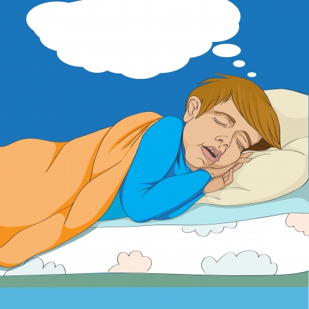 illustration of a kid in his bed sleeping and dreaming under a cloud conversation bubbleのイラスト素材