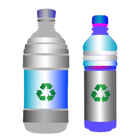 Two glossy plastic bottles with the green recycling sign over blank labels, objects isolated on whiteのイラスト素材