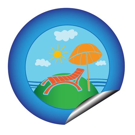 Summer vacation blue sticker with sunbed and umbrella at the seaside isolated on whiteのイラスト素材