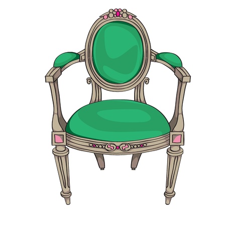 Classic chair colored doodle, hand drawn illustration of an antique furniture piece with green upholstery and oval ornamentsのイラスト素材
