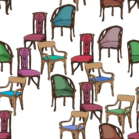 Art Nouveau colored chairs seamless pattern, hand drawn illustration of a series of chairs isolated on whiteのイラスト素材