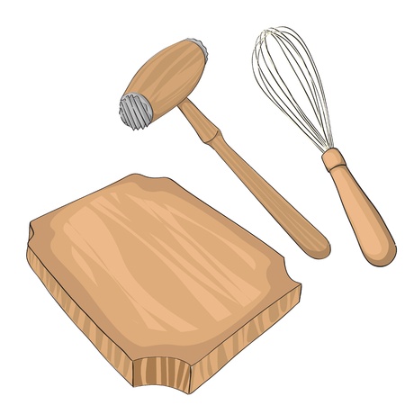 Wooden meat tenderizer on a cutting baord and a wisk, hand drawn objects isolated on whiteのイラスト素材