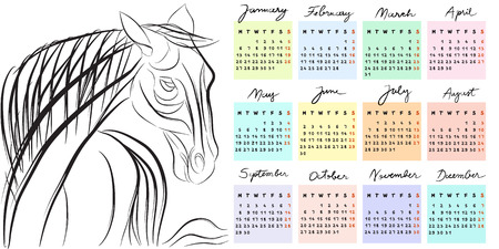 Hand drawn illustration of 2014, the year of the horse calendar with doodle textのイラスト素材