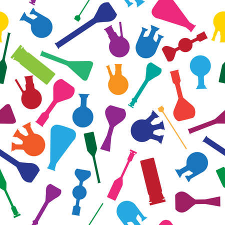 Chemistry laboratory colored glasses silhouettes, seamless pattern over white backgroundのイラスト素材