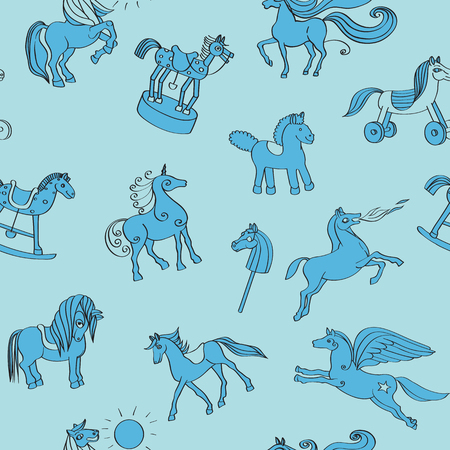 Toy horses doodles pattern, hand drawn illustrations over a blue backgroundのイラスト素材