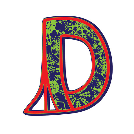 Hand drawn illustration of the D capital letter with a green winter snowflakes ornamentation on dark blue, one element isolated on whiteのイラスト素材