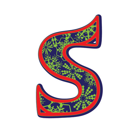 Hand drawn illustration of the S capital letter with a green winter snowflakes ornamentation on dark blue, one element isolated on whiteのイラスト素材