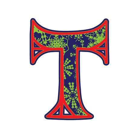 Hand drawn illustration of the T capital letter with a green winter snowflakes ornamentation on dark blue, one element isolated on whiteのイラスト素材