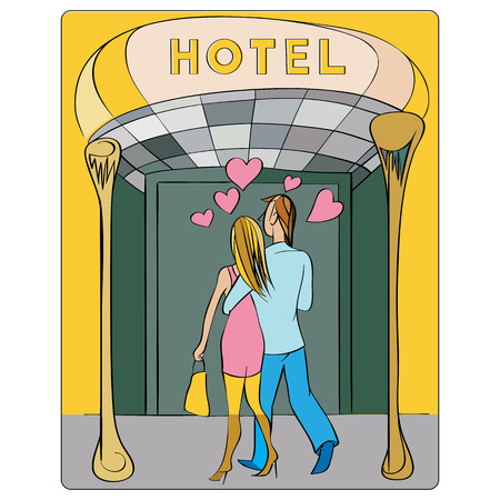 Valentine's Day or honeymoon card, hand drawn cartoon illustration of two lovers seen from the back entering in a hotelのイラスト素材