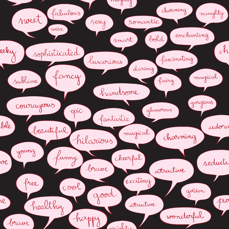 Comics text decoration, hand drawn illustration of a pattern with pink speech bubbles over a black backgroundのイラスト素材