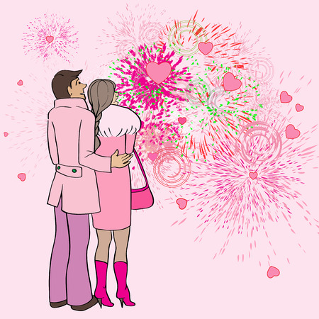 Valentine's Day card, cartoon hand drawn illustration of two lovers watching fireworks and hearts in the skyのイラスト素材