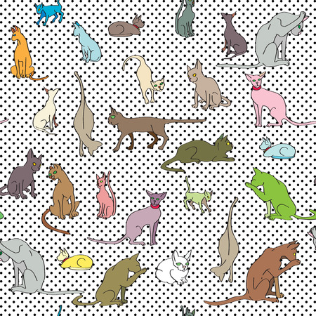 Cats seamless pattern with pop art dots, hand drawn doodle illustration of a series of funny animalsのイラスト素材