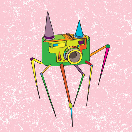 Hand drawn fantastic doodle illustration of a vintage camera with legs over a grungy pink...