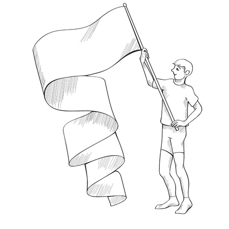 Flag bearer hand drawn cartoon illustration over whiteのイラスト素材
