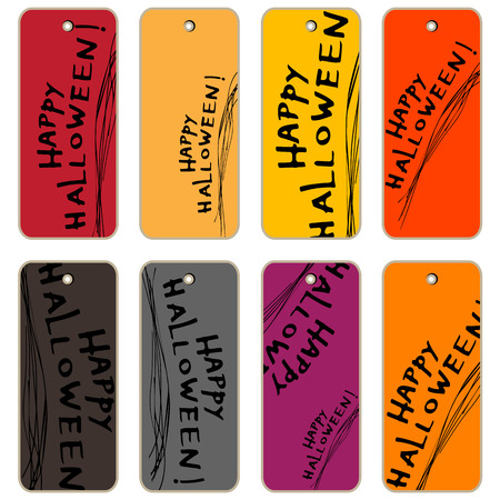 Price tags collection with Happy Halloween, hand drawn cartoon illustrations over colored backgrounds, series isolated on whiteのイラスト素材