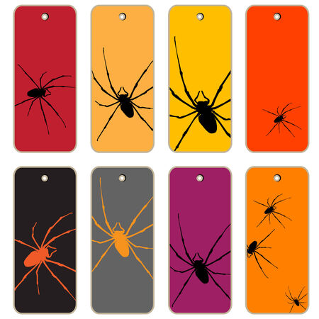 Price tags collection with Halloween spiders, hand drawn cartoon illustrations over colored backgrounds, series isolated on whiteのイラスト素材