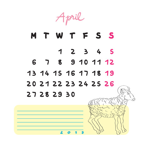 Calendar 2015 page illustration with sheep doodle and notes section over white, Aprilのイラスト素材