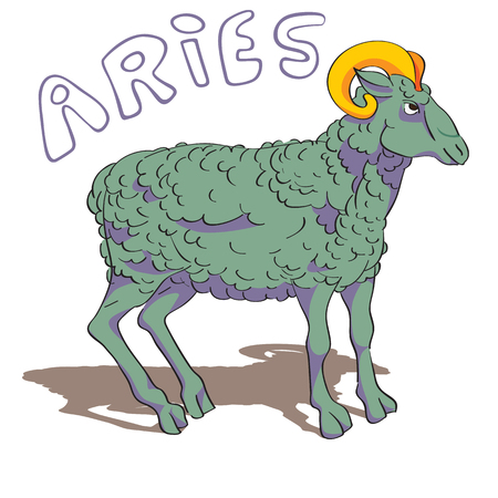 Aries drawing with doodle original text and shadow over white, hand drawn illustration of a colored ramのイラスト素材