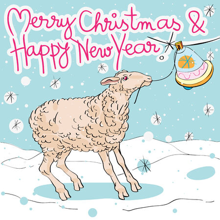 Merry Christmas and Happy New Cinese Year af the Sheep greeting card, hand drawn illustration of a cute animal ringing the bell on a background with snowflakes and original doodle textのイラスト素材