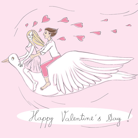 Valentine's Day card with hand drawn illustration of two lovers riding a fantastic bird over a pastel pink background and text over white labelのイラスト素材