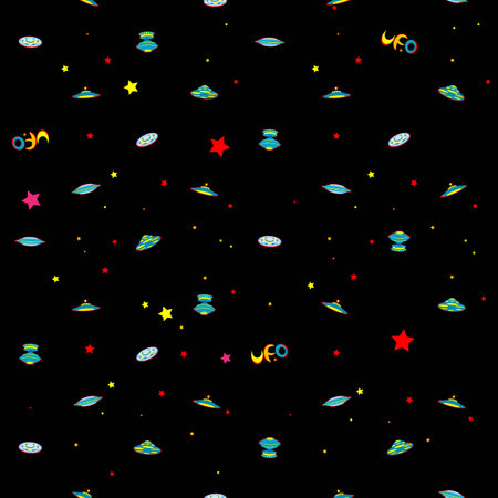Sparse pattern with different extraterestrial spaceships and text, illustration over a black sky backgroundのイラスト素材