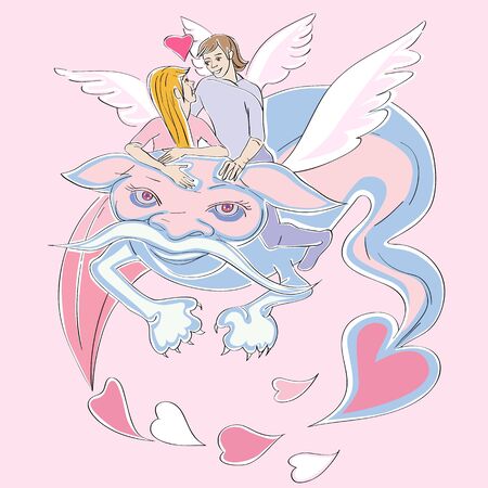 Valentine's Day card with lovers riding a blue dragon, hand drawn illustration over a pink background with flying heartsのイラスト素材
