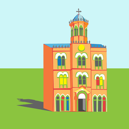 Cartoon illustration of an eclectic architecture object with shadow in an empty abstract landscapeの写真素材