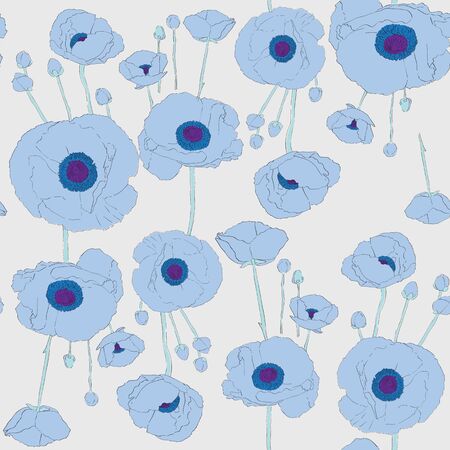 Seamless retro pattern with blue poppies over a light grey backgroundの写真素材