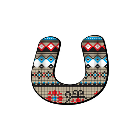 Decorated original font, pixel art ethnic model inspired by a Balkan motif over a funny fat small letter isolated on whiteのイラスト素材