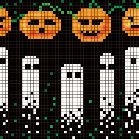 Halloween pixel seamless pattern, illustration of a scoreboard composition with digital graphic drawings of pumpkins and ghostsのイラスト素材