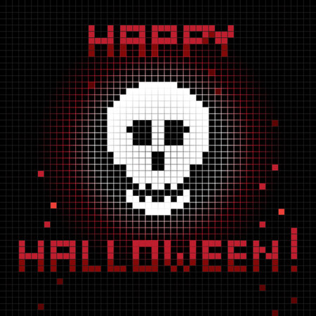 Halloween greetings card, pixel illustration of a scoreboard composition with digital drawing of a skull laughing and holiday textのイラスト素材