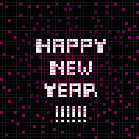 Happy New Tear greetings card, pixel illustration of a scoreboard composition with digital text and confettiのイラスト素材