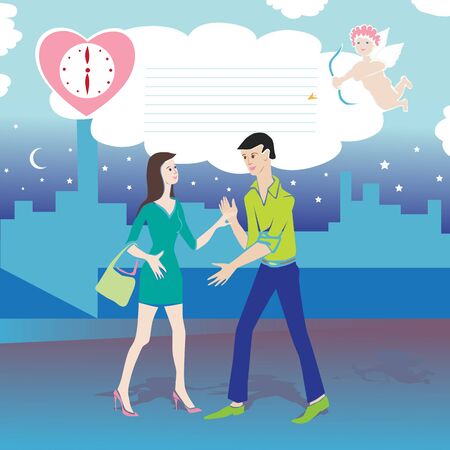 Valentine's Day card, cartoon illustration of two lovers meeting in the city and Cupid with bow and note paperのイラスト素材