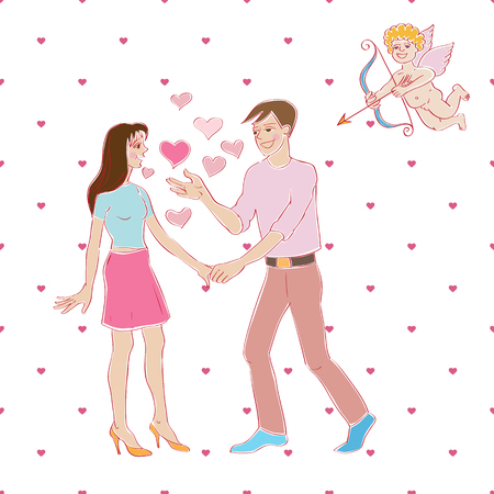 Valentine's Day card, Love Day cartoon illustration of two lovers meeting and Cupid with bow ahd arrow over a background with heartsのイラスト素材