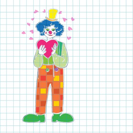 Valentine's Day card, hand drawn illustration of a clown wearing a heart and blank place for your text over math paperのイラスト素材