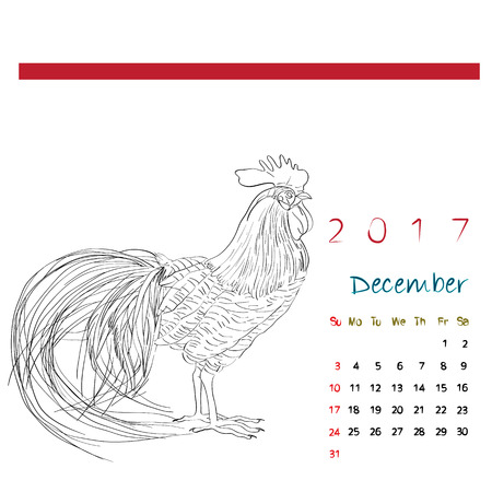 December 2017 desk calendar with graphic sketch illustration of a rooster over white, coloring pageのイラスト素材