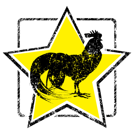 Rooster silhouette grungy stamp based on an original hand drawn illustration, object isolated on white.のイラスト素材